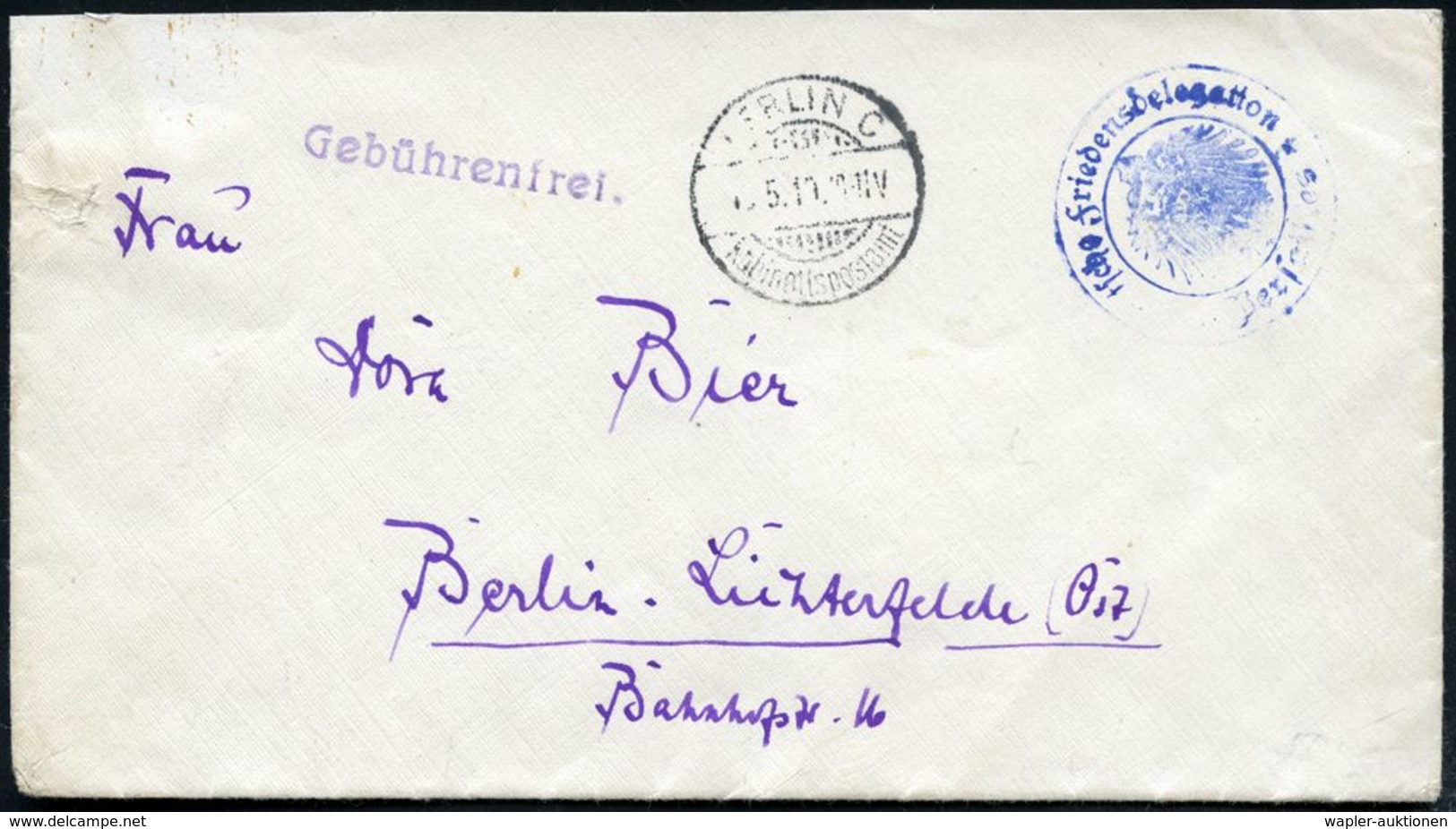 BERLIN C/ Kabinettspostamt 1919 (6.5.) Seltener 1K-Gitter Als Eingangsstempel + 1L: Gebührenfrei, Blauer Dienst-2K: Deut - Guerre Mondiale (Première)