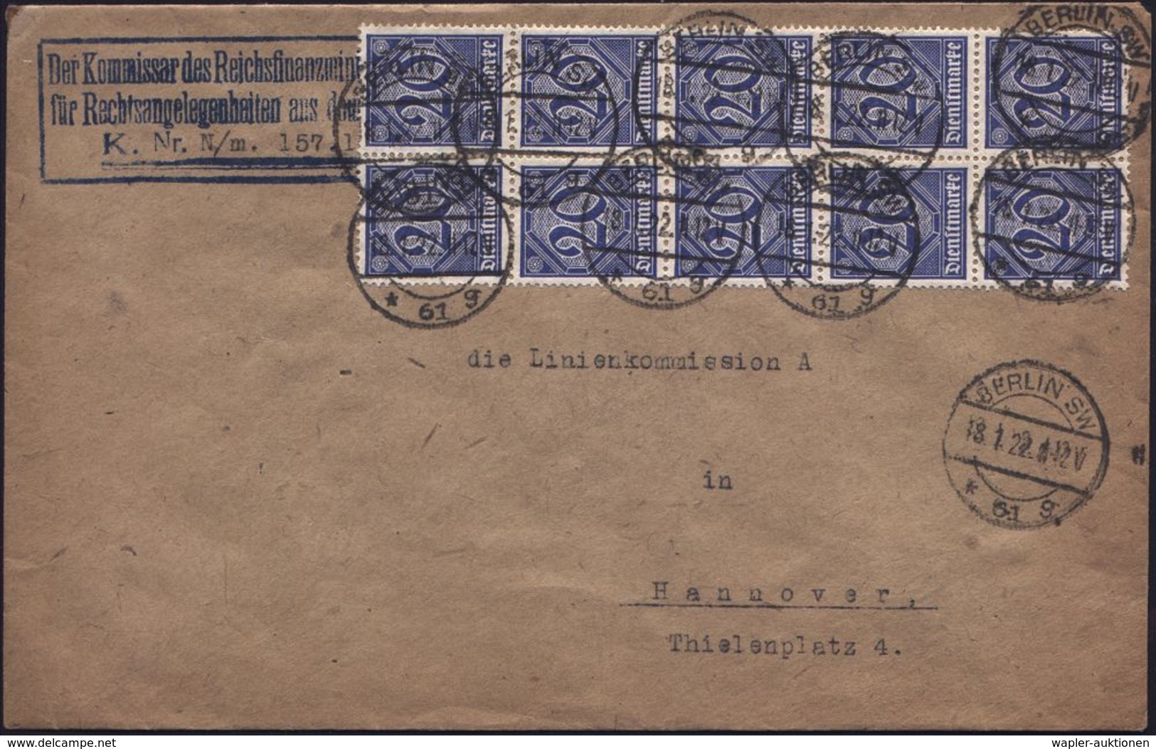 BERLIN SW/ *61g 1922 (18.1.) 1K-Steg Auf 10er-Block 20 Pf. Dienst + Bl. Ra.3: Der Kommissar D. Reichsfinanzministeriums  - Guerre Mondiale (Première)