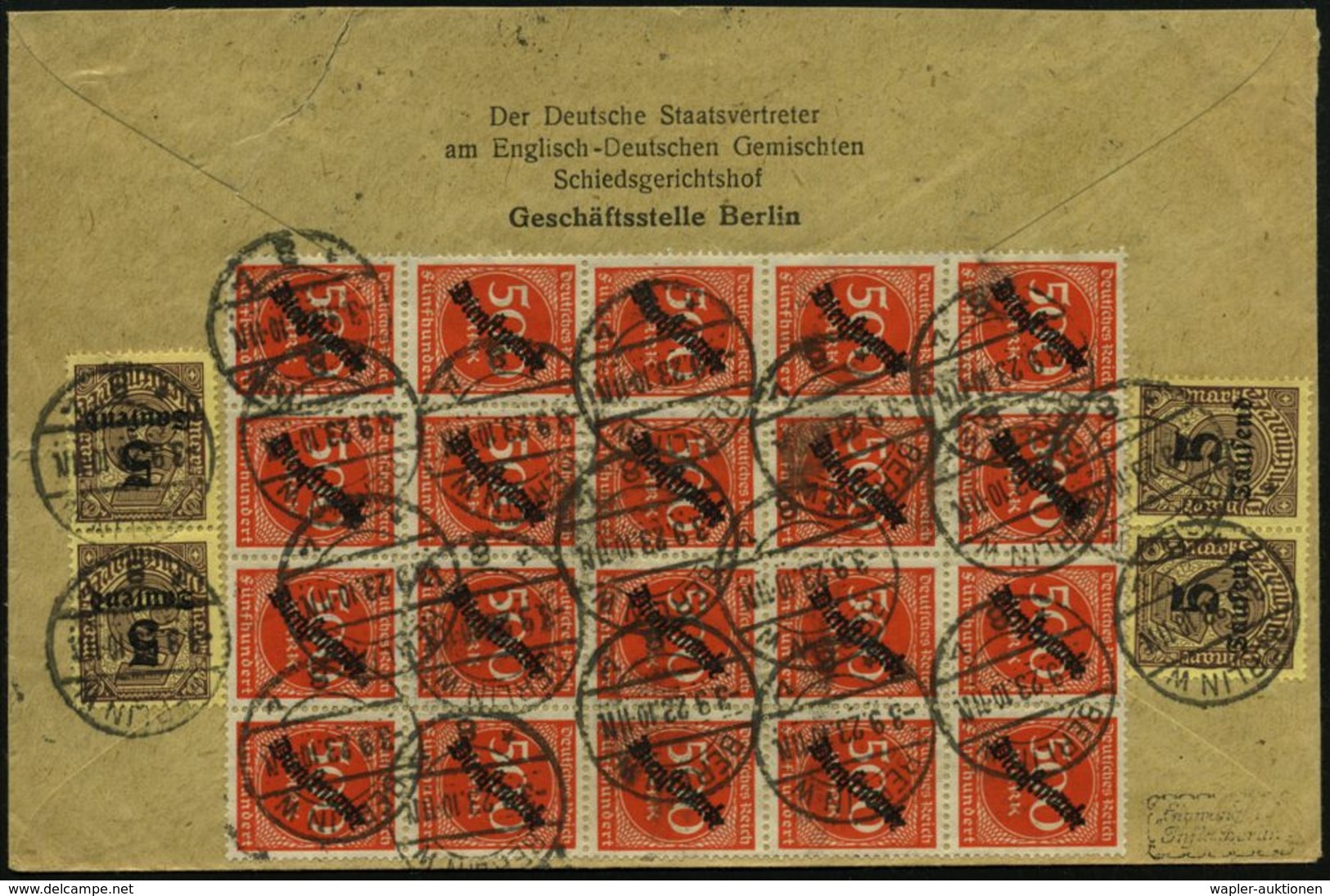 BERLIN W/ *8v 1923 (3.9.) 1K-Steg, Rs. Dienst-Frankatur 20x 500 Mk. U. 4x 5 T./5 Mk. (links Klappenriß) Abs.-Vordruck: D - Guerre Mondiale (Première)