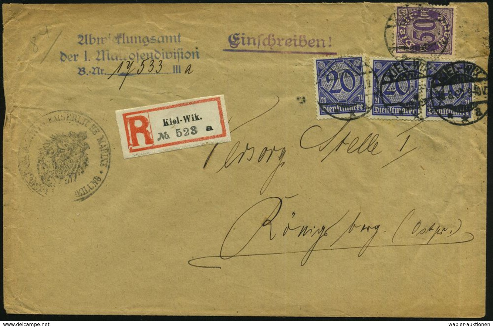 KIEL/ **a 1920 (25.8.) 1K-Gitter (Stpl.-Irrtum "1902") Auf Dienst 3x 20 Pf. U. 50 Pf. + Blauer 3L: Abwicklungsamt/der I. - Guerre Mondiale (Première)