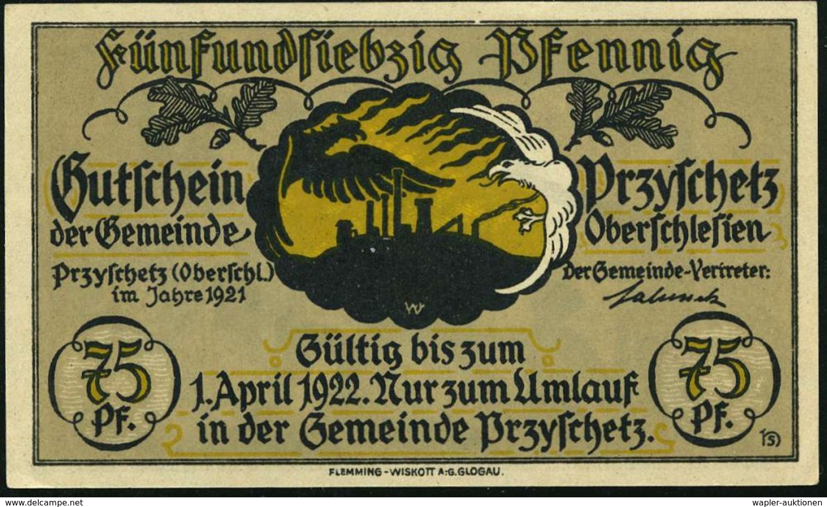 Przyschetz Oberschles. 1922 Inflations-Notgeldscheine 50 Pf. U.75 Pf. M. Abstimmungs-Motiven , Bankfrisch - Paläontologi - Guerre Mondiale (Première)