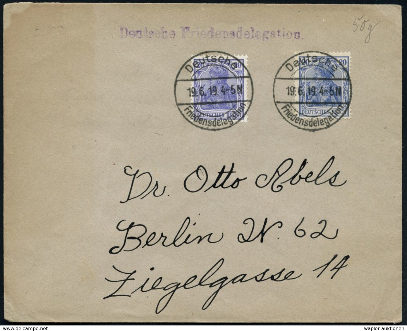 DEUTSCHES REICH 1919 (19.6.) 1K-Brücke: Deutsche Friedensdelegation 2x Auf 2x 20 Pf. Germania (= 3. Gew.Stufe Bis 60 G)  - Guerre Mondiale (Première)