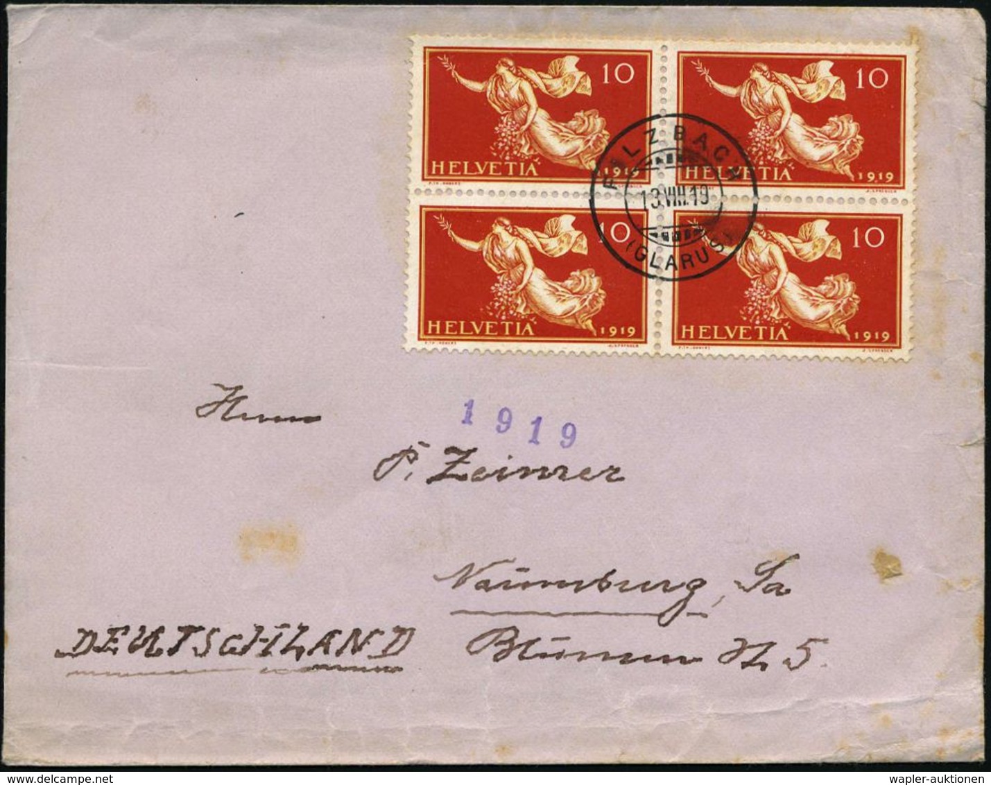 SCHWEIZ 1919 (13.8.) 10 C. "Friedensgöttin 1919", Reine MeF: 4er-Block , Zentr. Klar Gest. Ausl.-Bf. (unten Kl. Fleckche - Guerre Mondiale (Première)