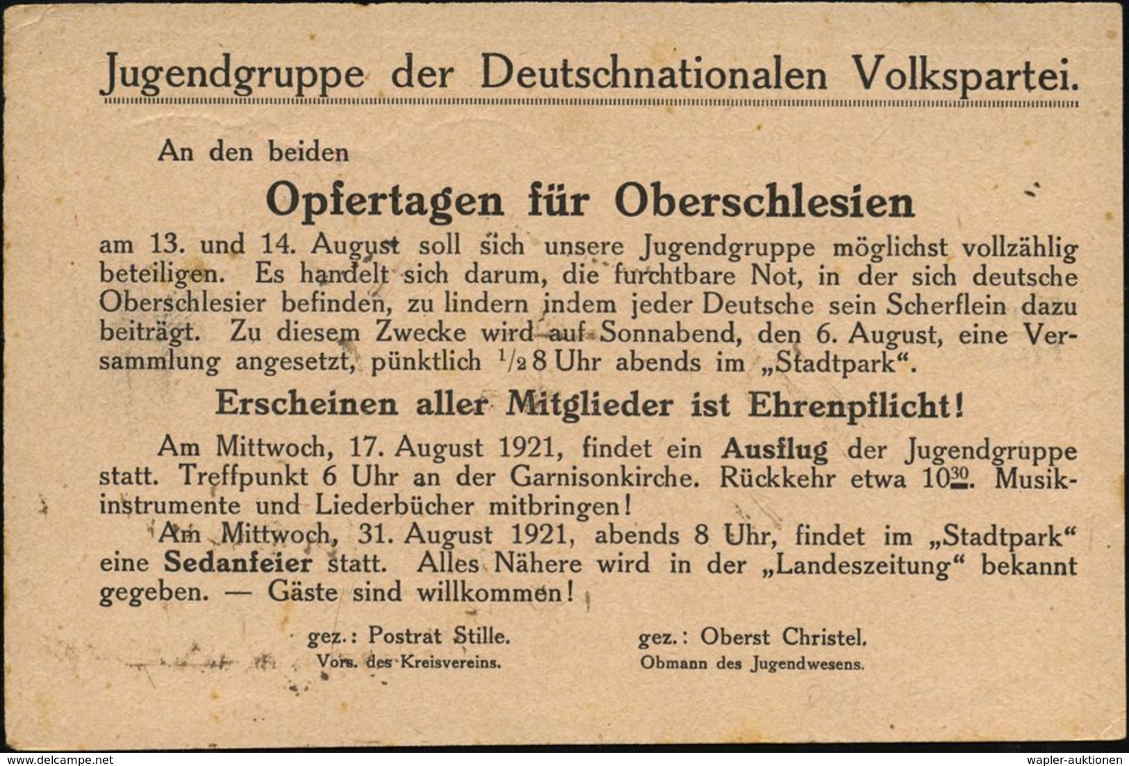 BRAUNSCHWEIG/ *1I 1921 (5.8.) PFS 10 Pf. Ziermuster Auf Vordr.-Kt.: Jugendgruppe Der Deutschnat. Volkspartei/ Opfertage  - Autres & Non Classés