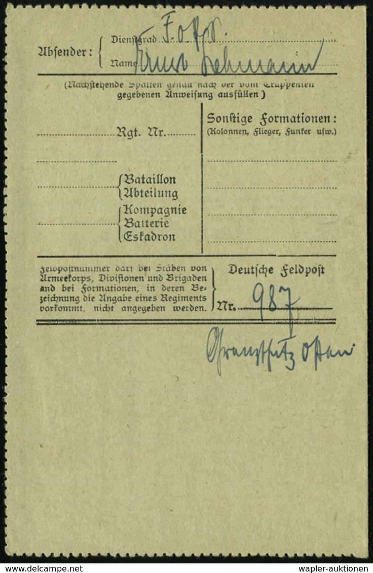 Glogau 1919 (24.3.) Aptierter 1K-Steg: K. D. Feldpost/** + Viol. 2K-HdN: DEUTSCHE FELDPOST 987 (noch Mit Kaiseradler!) + - Autres & Non Classés