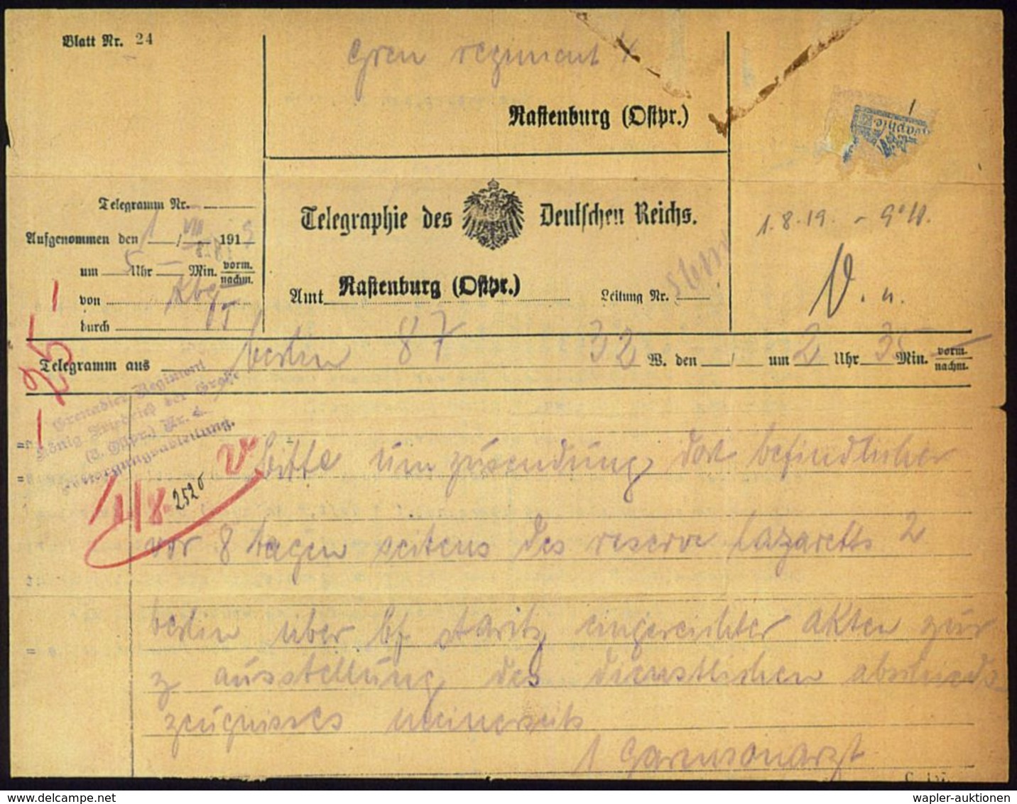 Rastenburg (Ostpr) 1919 (1.8.) Telegramm, Ortvordruck: Rastenburg (Ostpr.) + Viol. 4L: Grenadier-Regiment/König Friedric - Autres & Non Classés