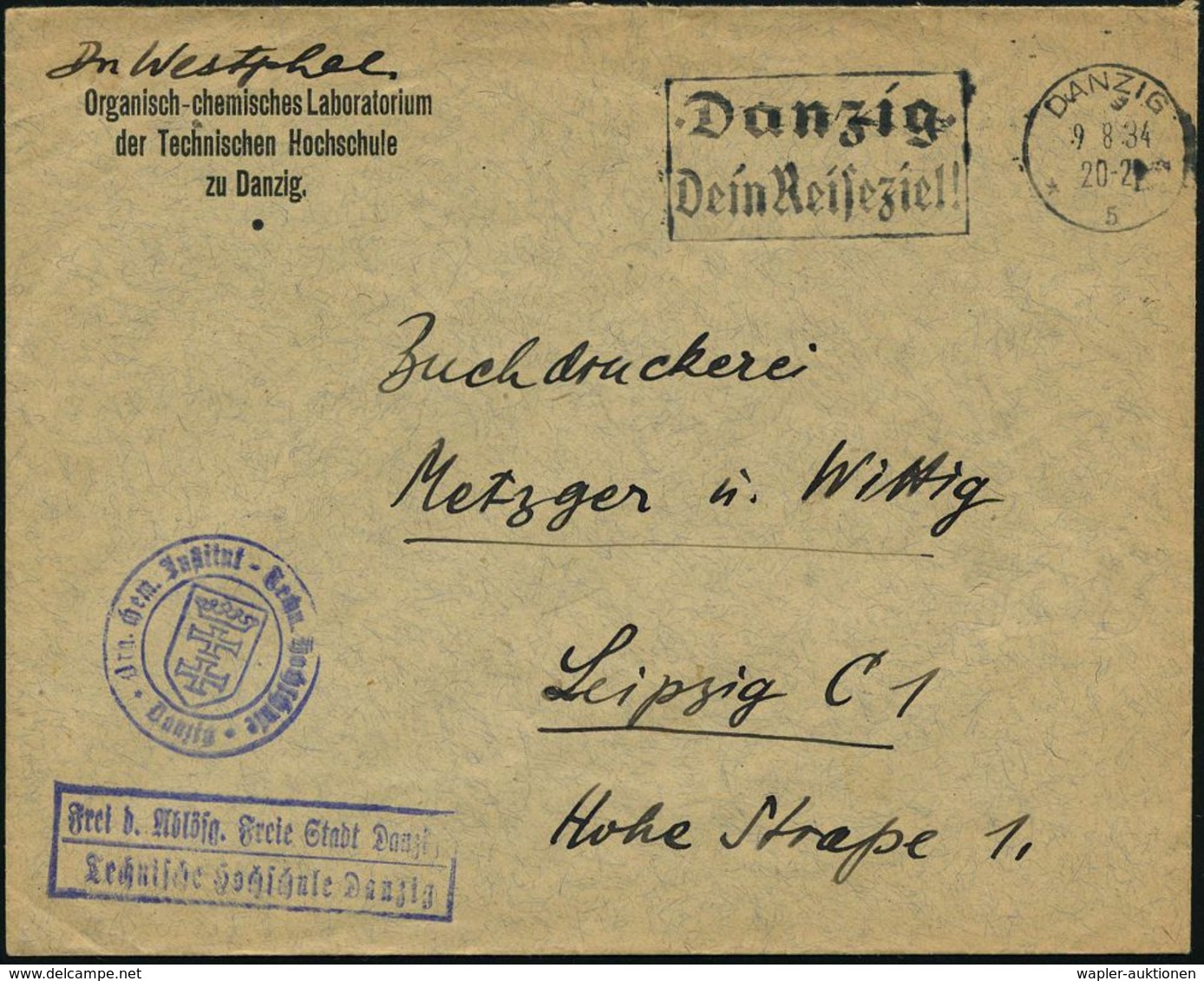 DANZIG 1934 (9.8.) MWSt: DANZIG/5/Danzig/Dein Reiseziel + Viol.Ra2: FdA Freie Stadt Danzig/Techn.Hochschule Danzig + HdN - Autres & Non Classés