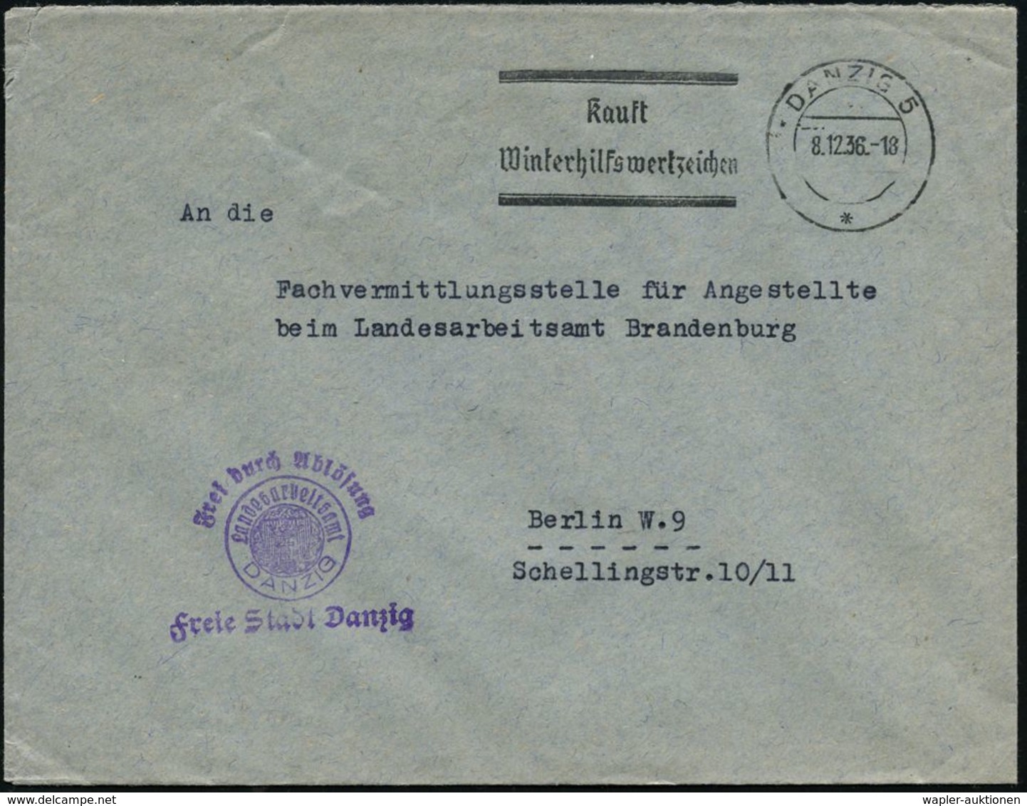 DANZIG 1936 (8.12.) Seltener MWSt.: DANZIG 5/*/Kauft/Winterhilfsmarken + Viol. HdN: FdA/Landesarbeitsamt/ DANZIG/ Freie  - Autres & Non Classés