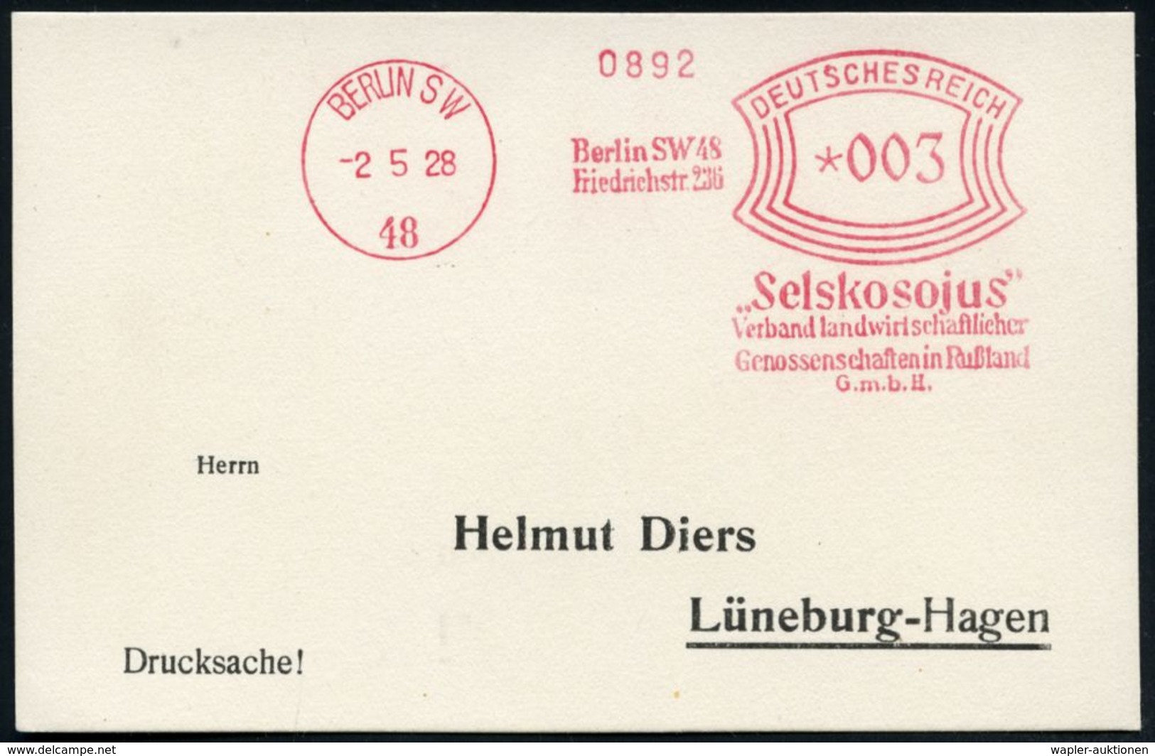 BERLIN SW/ 48/ .."Selskosojus"/ Verband Landwirtschaftl./ Genossenschaften In Rußland/ GmbH 1928 (2.5.) Seltener AFS , G - Otros & Sin Clasificación