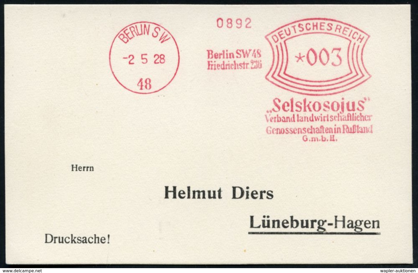 BERLIN SW/ 48/ .."Selskosojus"/ Verband Landwirtschaftl./ Genossenschaften In Rußland/ GmbH 1928 (2.5.) Seltener AFS , G - Autres & Non Classés