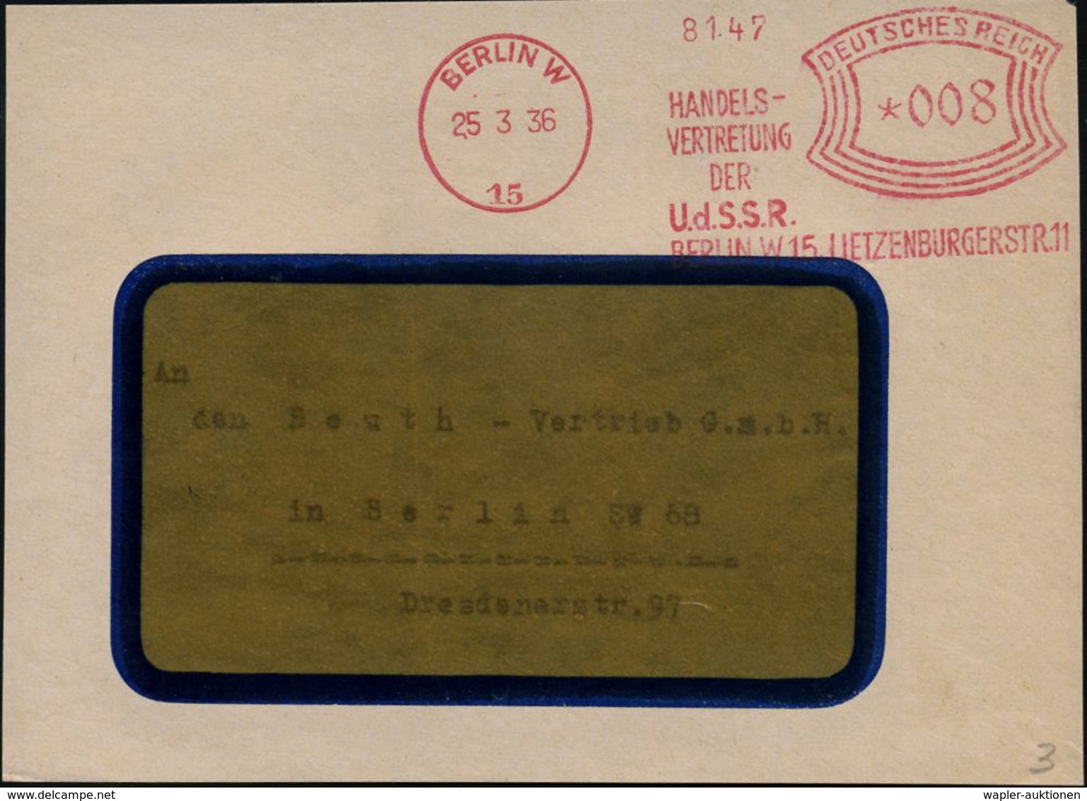 BERLIN W/ 15/ HANDELS-/ VERTRETUNG/ DER/ U.d.S.S.R./ ..LIETZENBURGERSTR.11 1936 (25.3.) Seltener AFS Klar Auf Bedarfs-Vo - Otros & Sin Clasificación