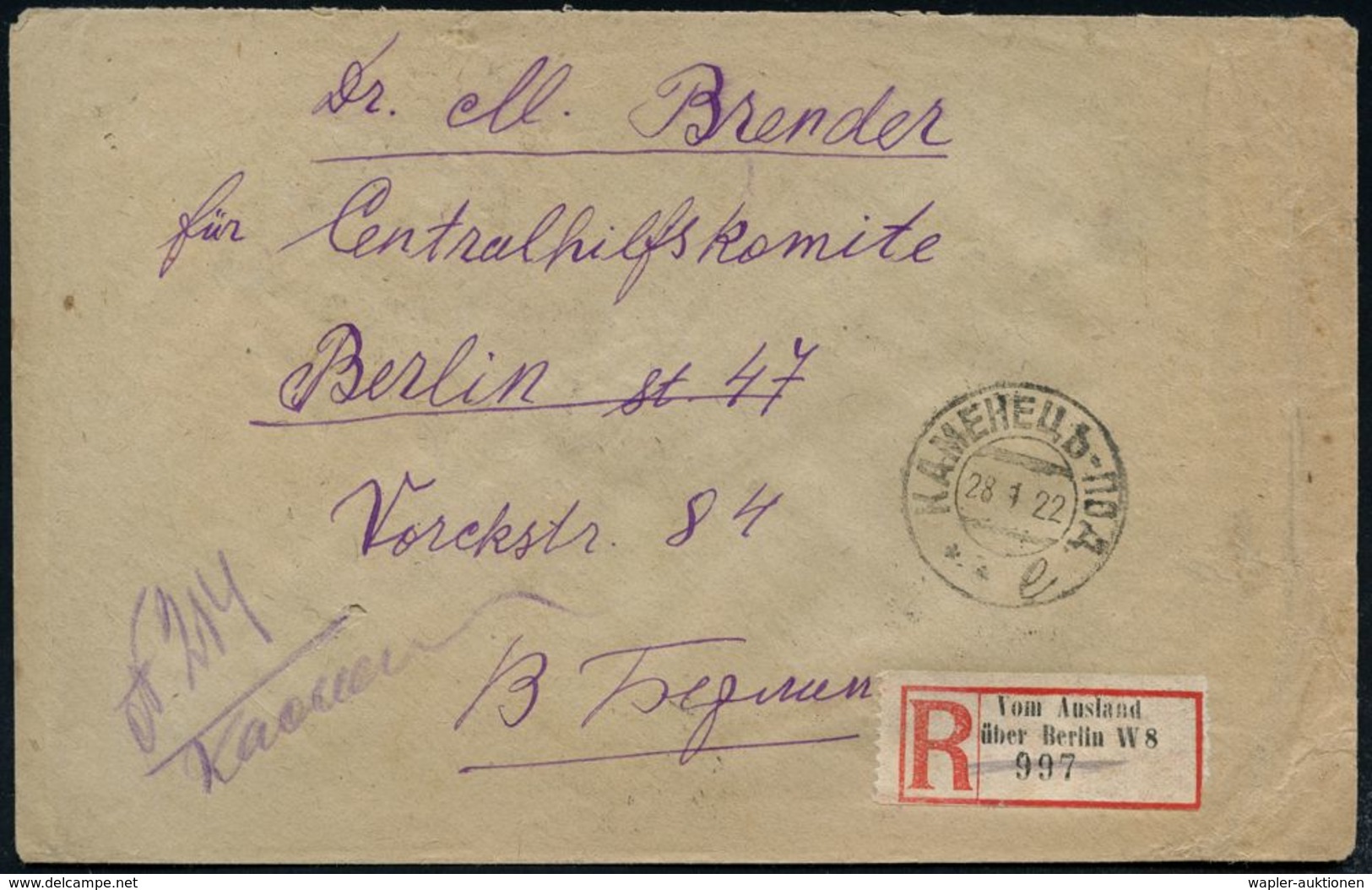UdSSR 1922 (28.1.) 2K: KAMENEZ + Deutscher RZ: Vom Ausland/über Berlin W 8 (hs. R-Vermerk) An Dr. M. Brender Für "Centra - Sonstige & Ohne Zuordnung