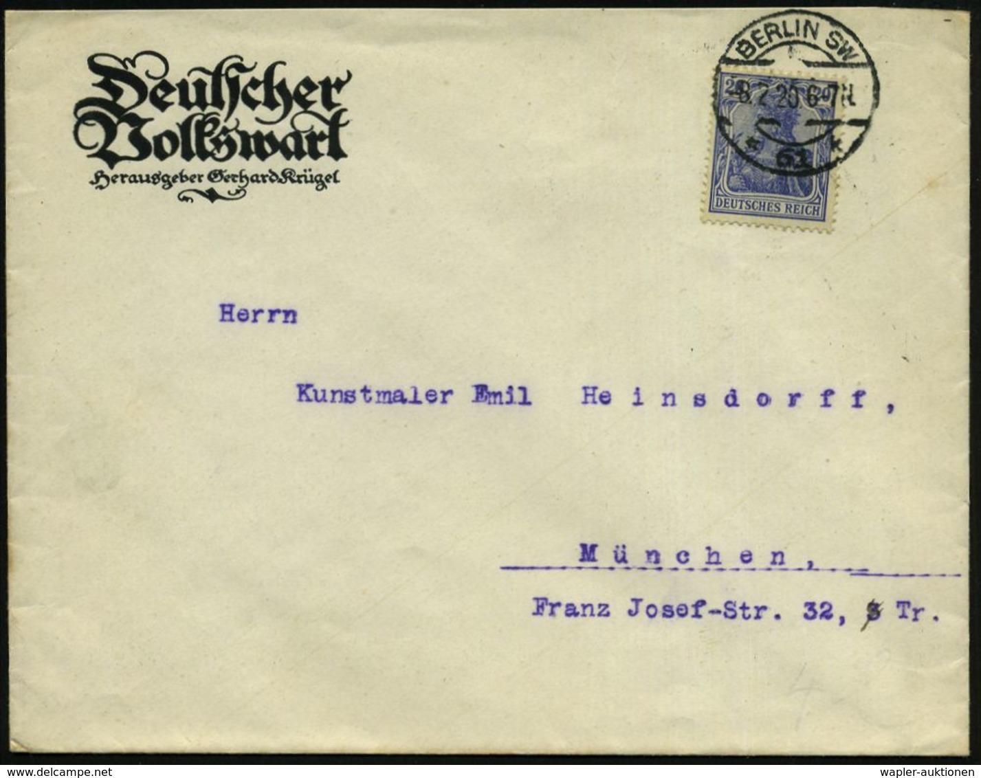 BERLIN SW/ *61k 1920 (6.2.) 1K-Brücke Auf Vordr.-Bf.: Deutscher Volkswart, ..Gerhard Krügel , Klar Gest. Fernbf. (Mi.87  - Autres & Non Classés