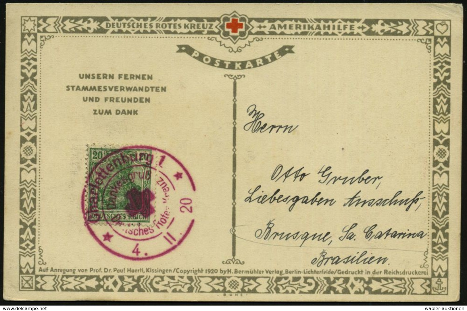 Berlin-Charlottenbg. 1920 (4.11.) Seltener, Roter SSt: Charlottenburg 1/Dankesgruß/Deutsches Rotes Kreuz Auf EF 20 Pf. G - Autres & Non Classés