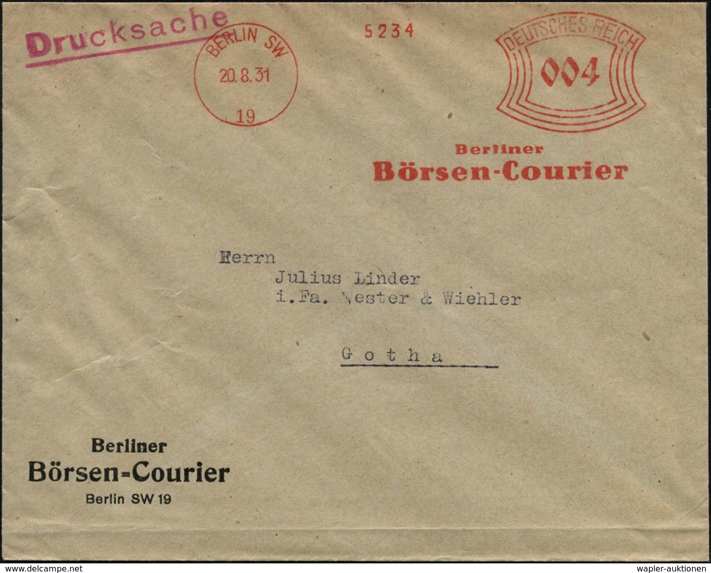 BERLIN SW/ 19/ Berliner/ Börsen-Courier 1931 (20.8.) AFS Klar Auf Firmen-Bf., 1931 = Jahr Des "Bankenkrachs"!  (Dü.E-1BA - Autres & Non Classés