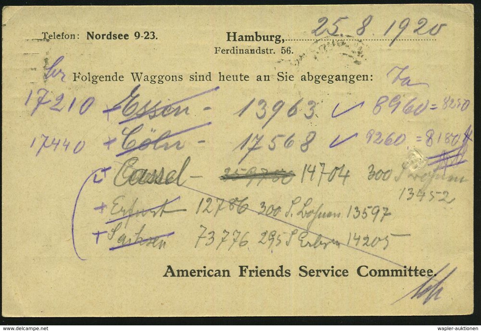 HAMBURG 1 1920 (Aug.) BdMaSt. Auf EF 30 Pf. Germania , Seltene Vordr.-Kt.: "American Friends Service Committee" = US-Kin - Autres & Non Classés