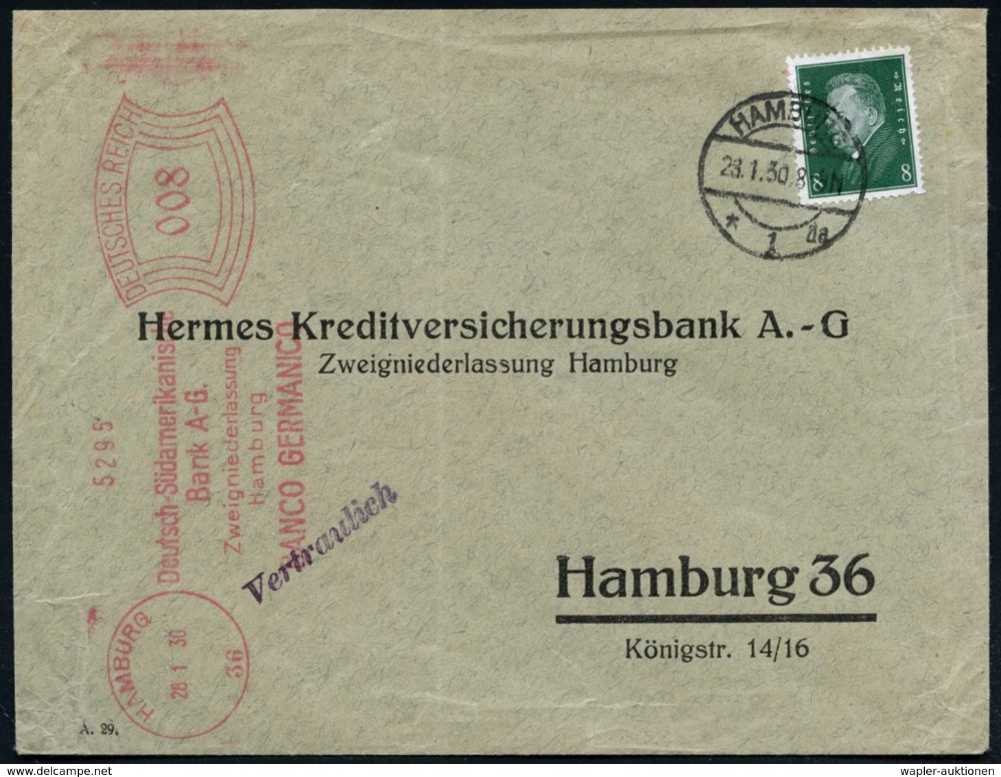 HAMBURG/ 36/ Deutsch-Südamerikanische Bank A-G../ BANCO GERMANICO 1930 (28.1.) AFS 008 Pf. + Nachfrankatur 8 Pf. Ebert ( - Autres & Non Classés