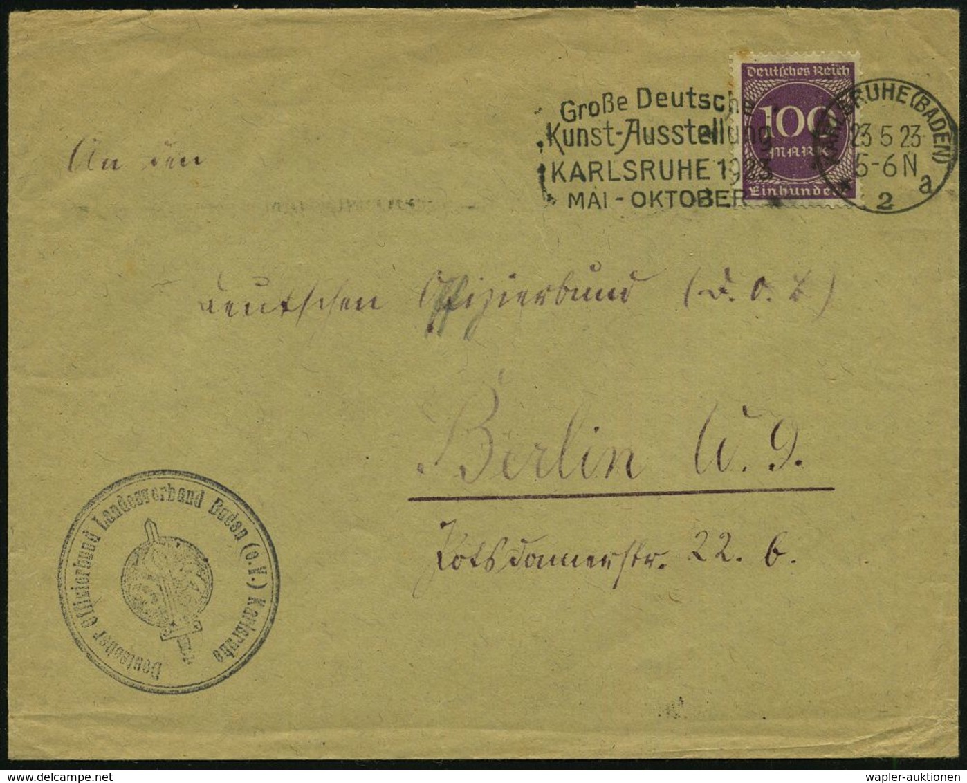 KARLSRUHE (BADEN)/ *2a/ Gr.Deutsche/ Kunst-Ausstellung 1923 (23.5.) Seltener MWSt + Viol. 2K-HdN: Deutscher Offizierbund - Autres & Non Classés