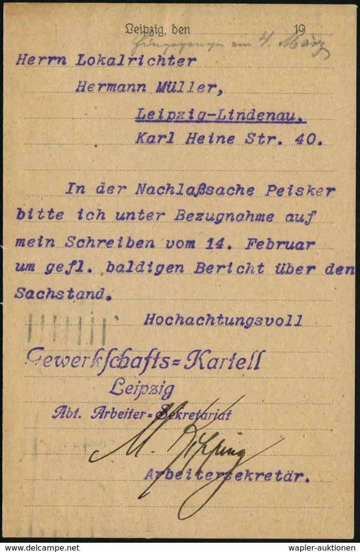 LEIPZIG/ B2b 1921 (3.3.) MaStrichSt Auf Vordr.-Kt.: Arbeitersekretariat Leipzig + Rs. Viol. Abs.-3L: Gewerkschafts-Karte - Autres & Non Classés