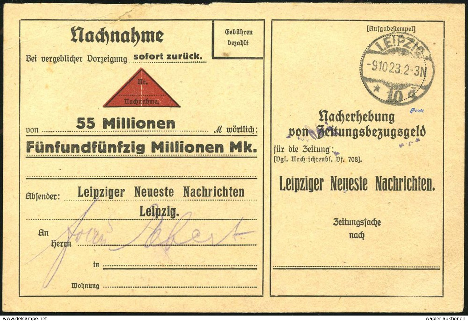 LEIPZIG/ *10d 1923 (9.10.) 1K-Brücke Auf Firmen-Kt.: Gebühren/bezahlt.. Nacherhebung Von Zeitungsbezugsgeld 55 Millionen - Autres & Non Classés