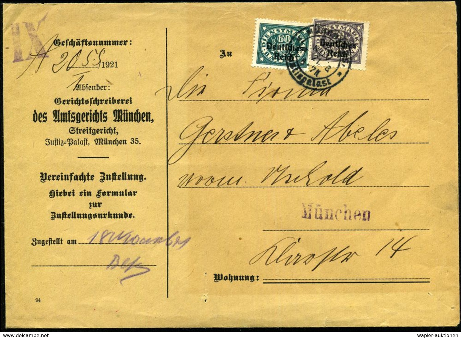 MÜNCHEN 35/ */ * A/ */ Justizpalast 1921 (12.11.) 2K Auf Dienst "Bayern Abschied" 60 Pf. U. 70 Pf. Auf Dienst-Bf.: Amtsg - Autres & Non Classés