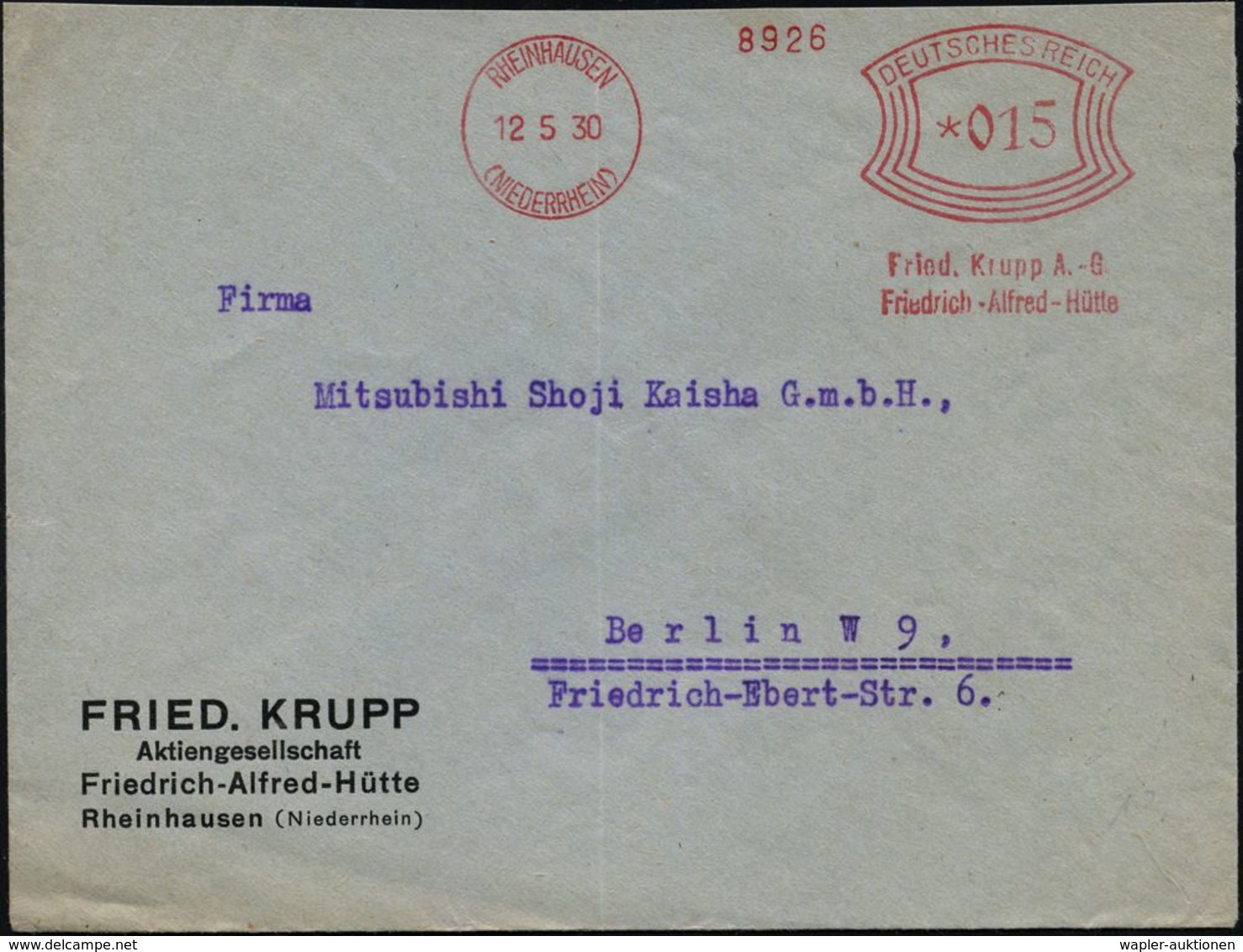 RHEINHAUSEN/ (NIEDERRHEIN)/ Fried.Krupp A-G/ Friedrich-Alfred-Hütte 1930 (12.5.) AFS , Klar Gest. Firmen-Bf. (schwache M - Altri & Non Classificati