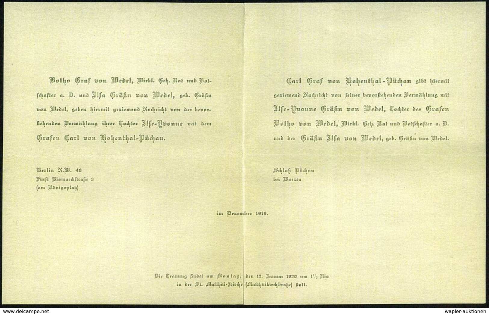 Wurzen 1919 (12.12.) 1K: LOGA/*** Auf EF 5 Pf. Germania Auf Büttenumschlag + Inhalt: Hochzeitsanzeige "Botho Graf Von We - Autres & Non Classés