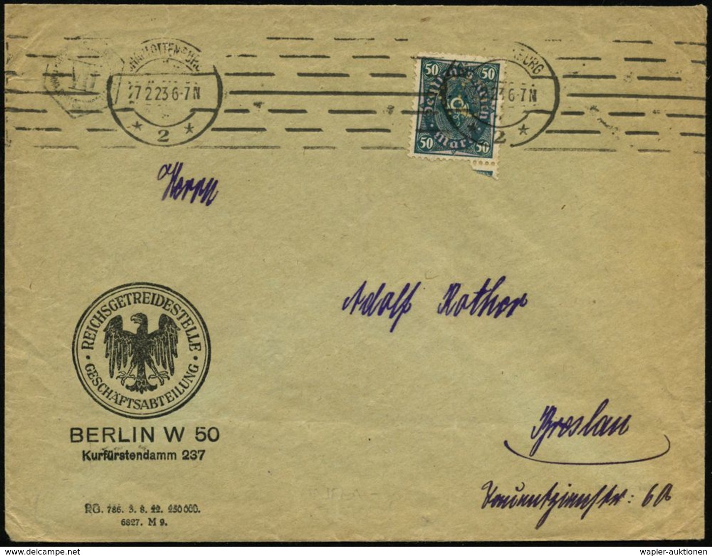 Berlin W 50 1923 (27.2.) Dienst-Bf.: REICHSGETREIDESTELLE/ GESCHÄFTSABTEILUNG.. (Weimarer Adler) EF 50 Mk. Posthorn Mit  - Autres & Non Classés