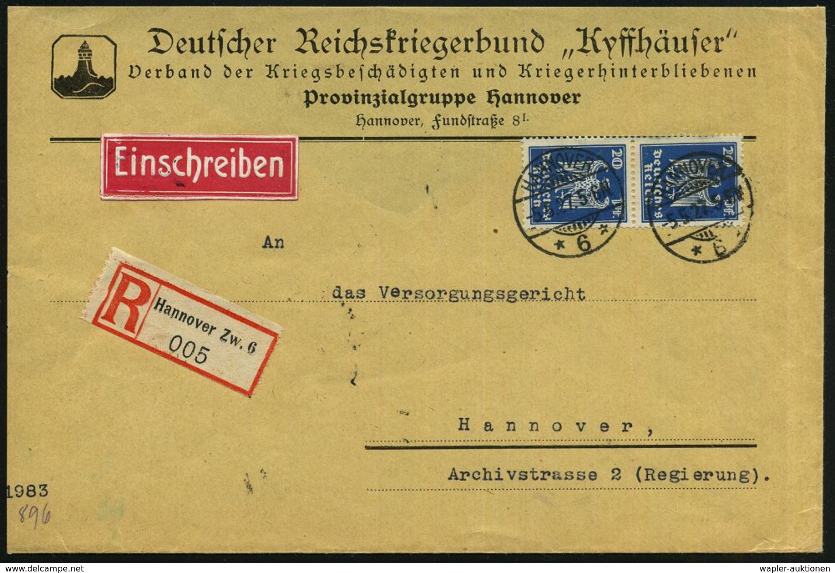 HANNOVER/ *6* 1927 (5.5.) 1K-Gitter Auf Paar 20 Pf. Adler + RZ: Hannover Zw. 6 , Vordr.-Bf. (rs. Fehlt Klappe): Deutsche - Otros & Sin Clasificación