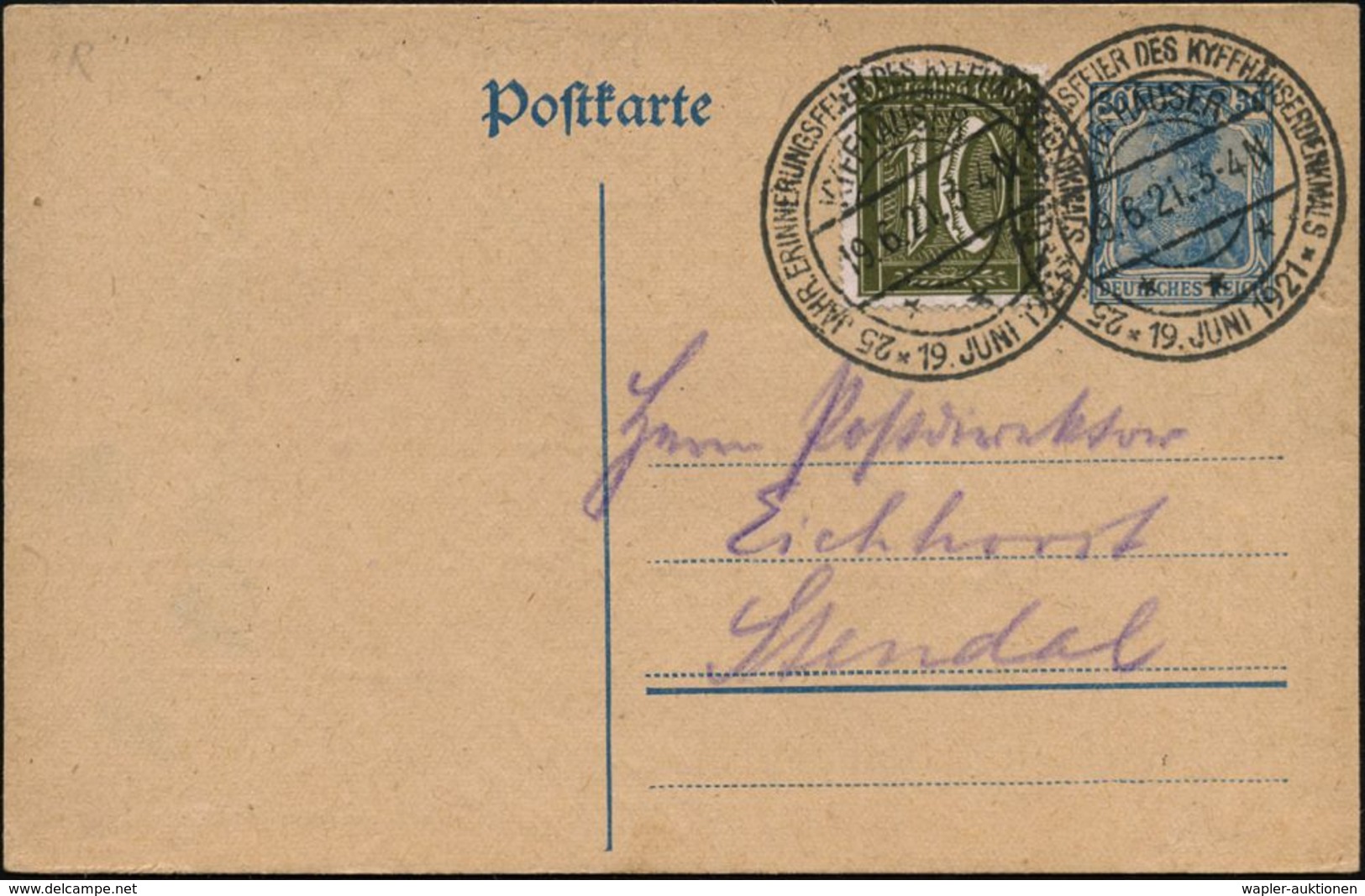 KYFFHÄUSER/ ***/ 25 JÄHR.ERINNERUNGSFEIER DES KYFFHÄUSERDENKMALS 1921 (19.6.) Seltener SSt , 2x Klar Gest. Bedarfs-Inl.- - Autres & Non Classés