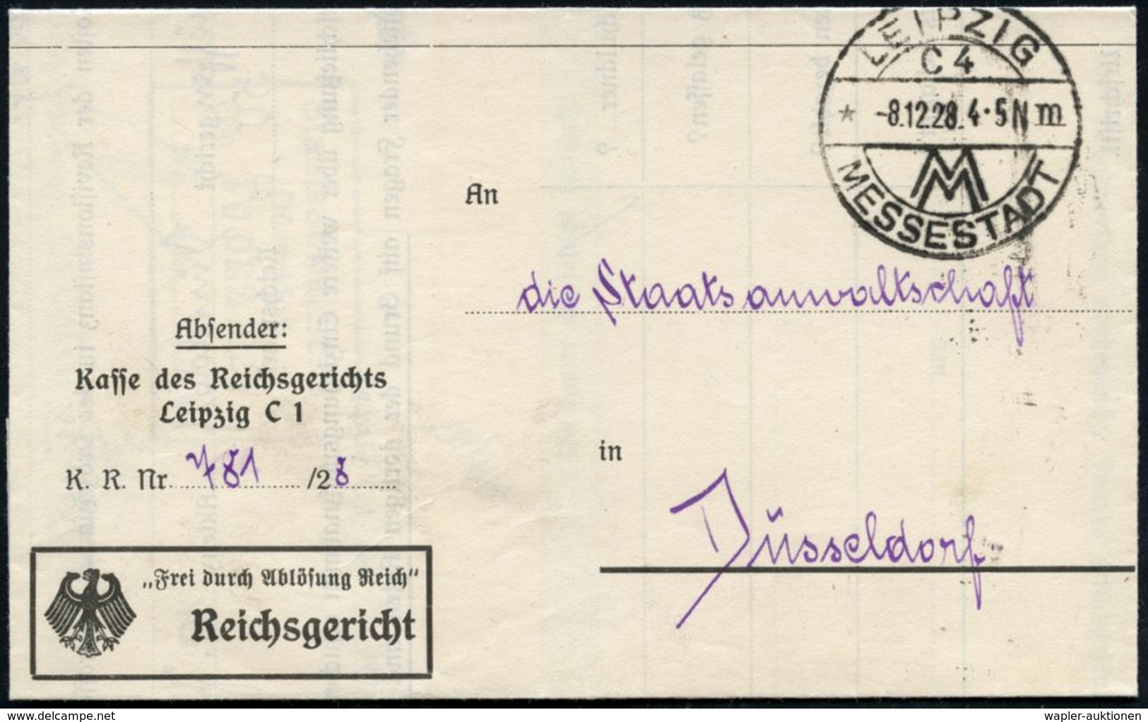 LEIPZIG/ C 4/ *m/ MM/ MESSESTADT 1928 (8.12.) HWSt Auf Dienst-Falt-Bf.: Kasse Des Reichsgerichts.. "Frei Durch Ablösung  - Sonstige & Ohne Zuordnung