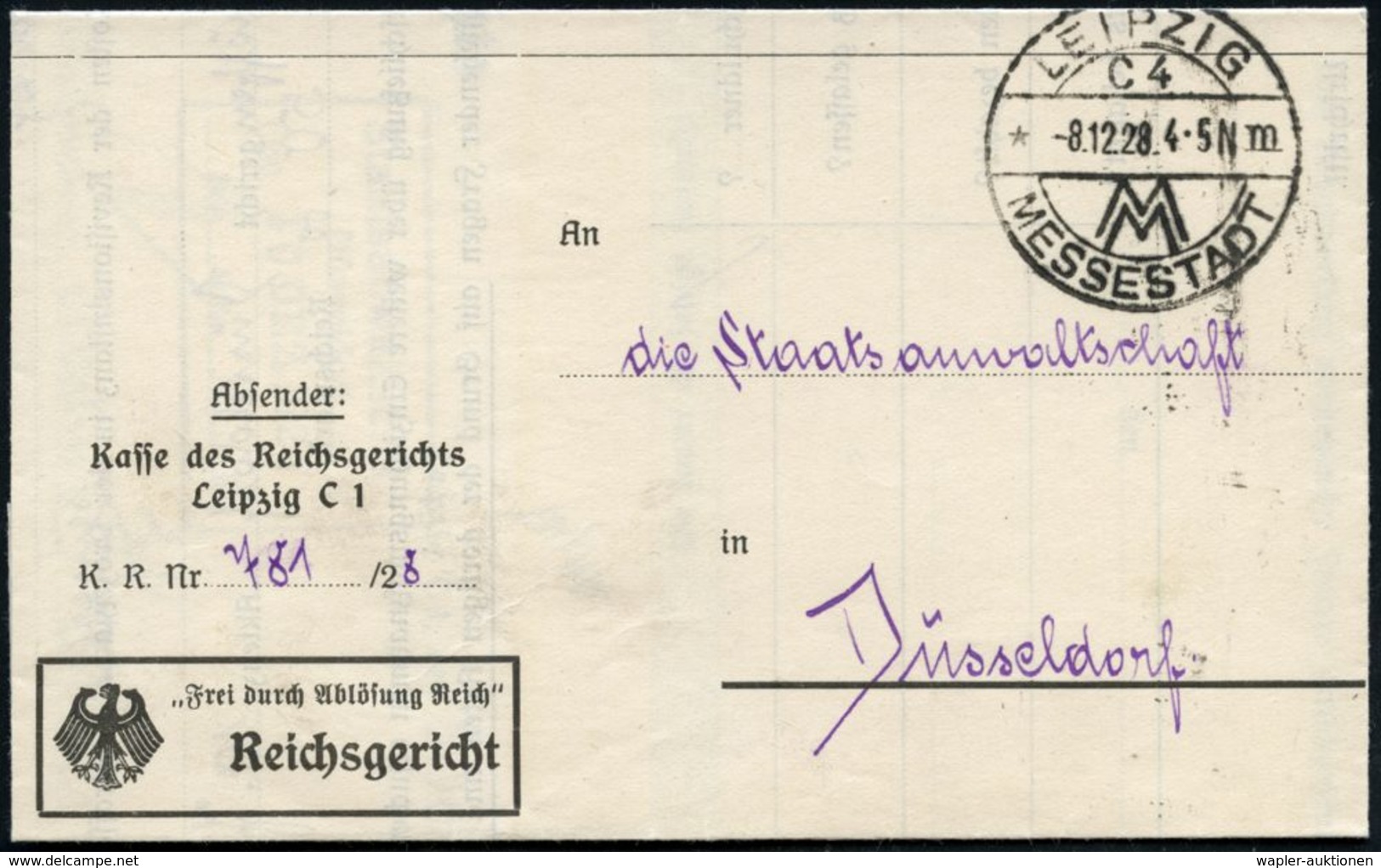 LEIPZIG/ C 4/ *m/ MM/ MESSESTADT 1928 (8.12.) HWSt Auf Dienst-Falt-Bf.: Kasse Des Reichsgerichts.. "Frei Durch Ablösung  - Autres & Non Classés