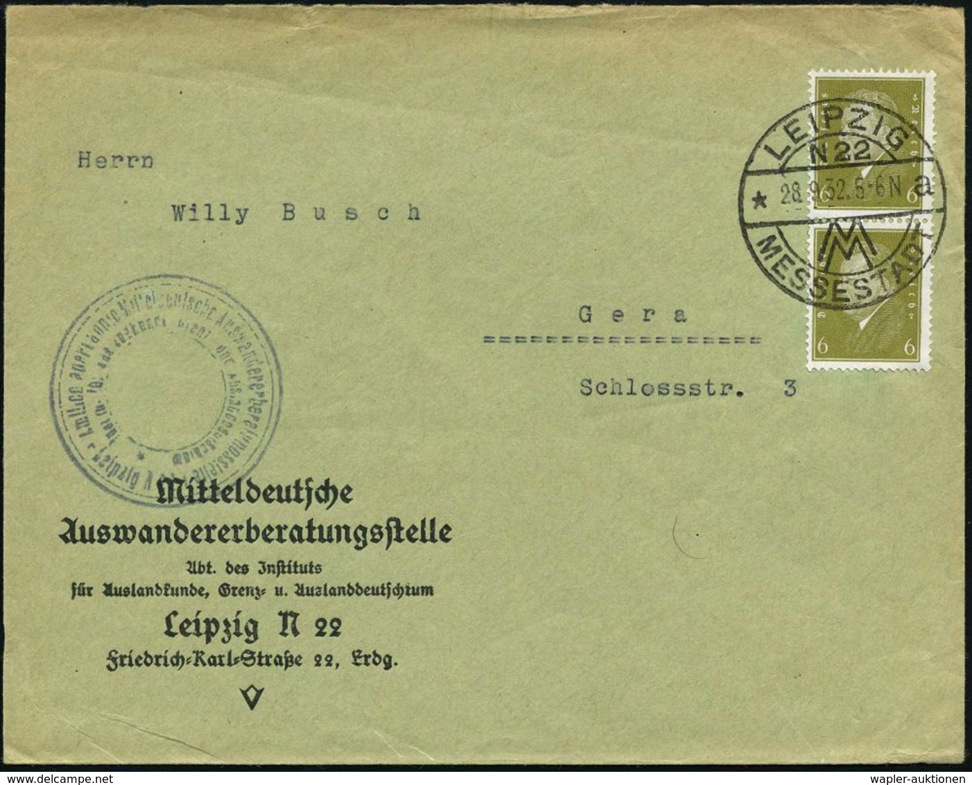 LEIPZIG/ W22/ *a/ MM/ MESSESTADT 1932 (28.9.) HWSt + 3K-HdN: Mitteldt. Auswandererberatungsstelle.. Auf Dienst-Bf.: Mitt - Autres & Non Classés