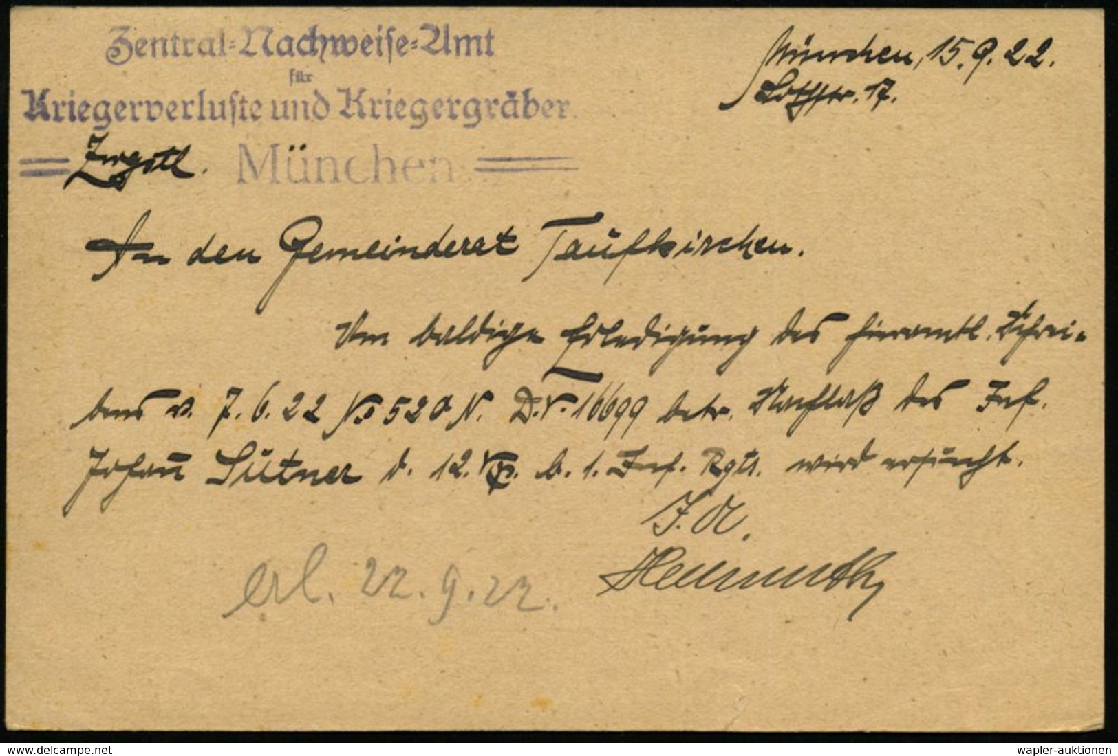 MUENCHEN 23 1922 (16.9.) Bayer. 2K Auf EF  1 1/2 Mk. Dienst "Bayern Abschied" + Bl. 4L: Zentral-Nachweise-Amt/für/ Krieg - Autres & Non Classés