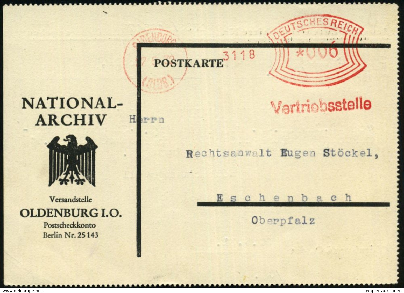 OLDENBURG/ (OLDB.)/ Vertriebsstelle 1932 (27.5.) AFS Auf Vordr.Kt.: NATIONAL-ARCHIV Versandstelle (Adler) Rs. Viol. Abs. - Autres & Non Classés