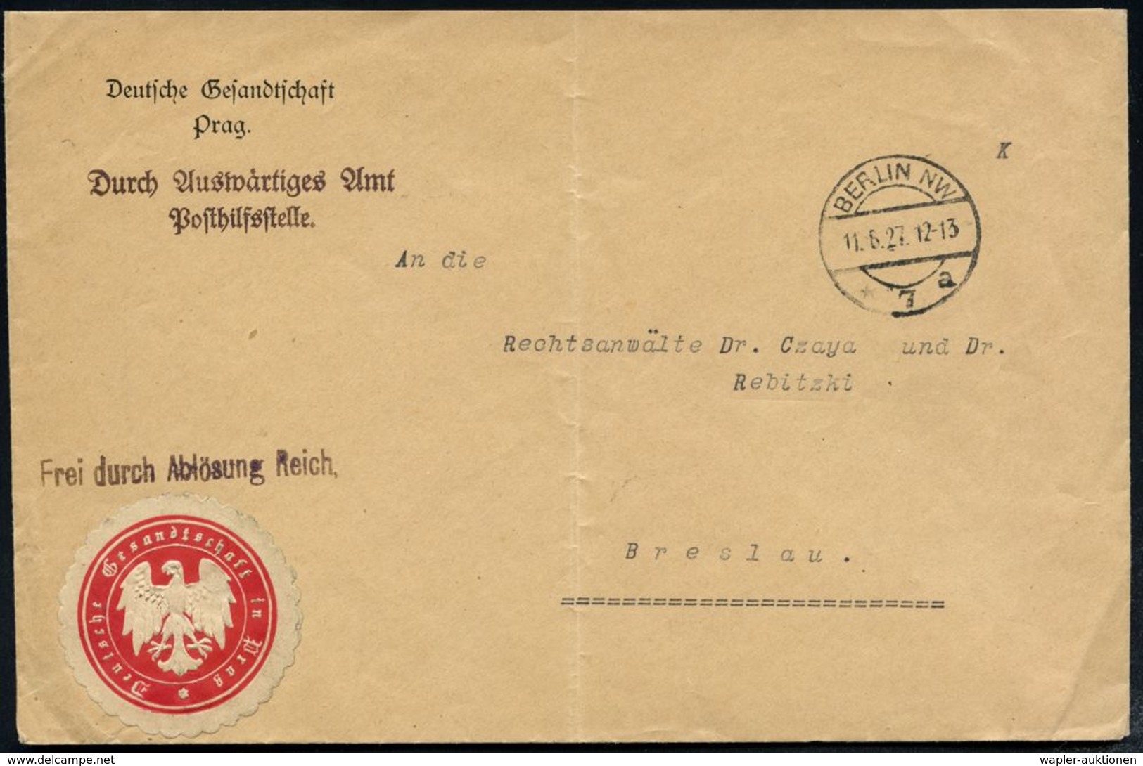 BERLIN NW/ *7ii 1927 (11.6.) 1K-Steg + Viol. 1L: Frei Durch Ablösung Reich + Viol. 2L: Durch Auswärtiges Amt/Posthilfsst - Autres & Non Classés