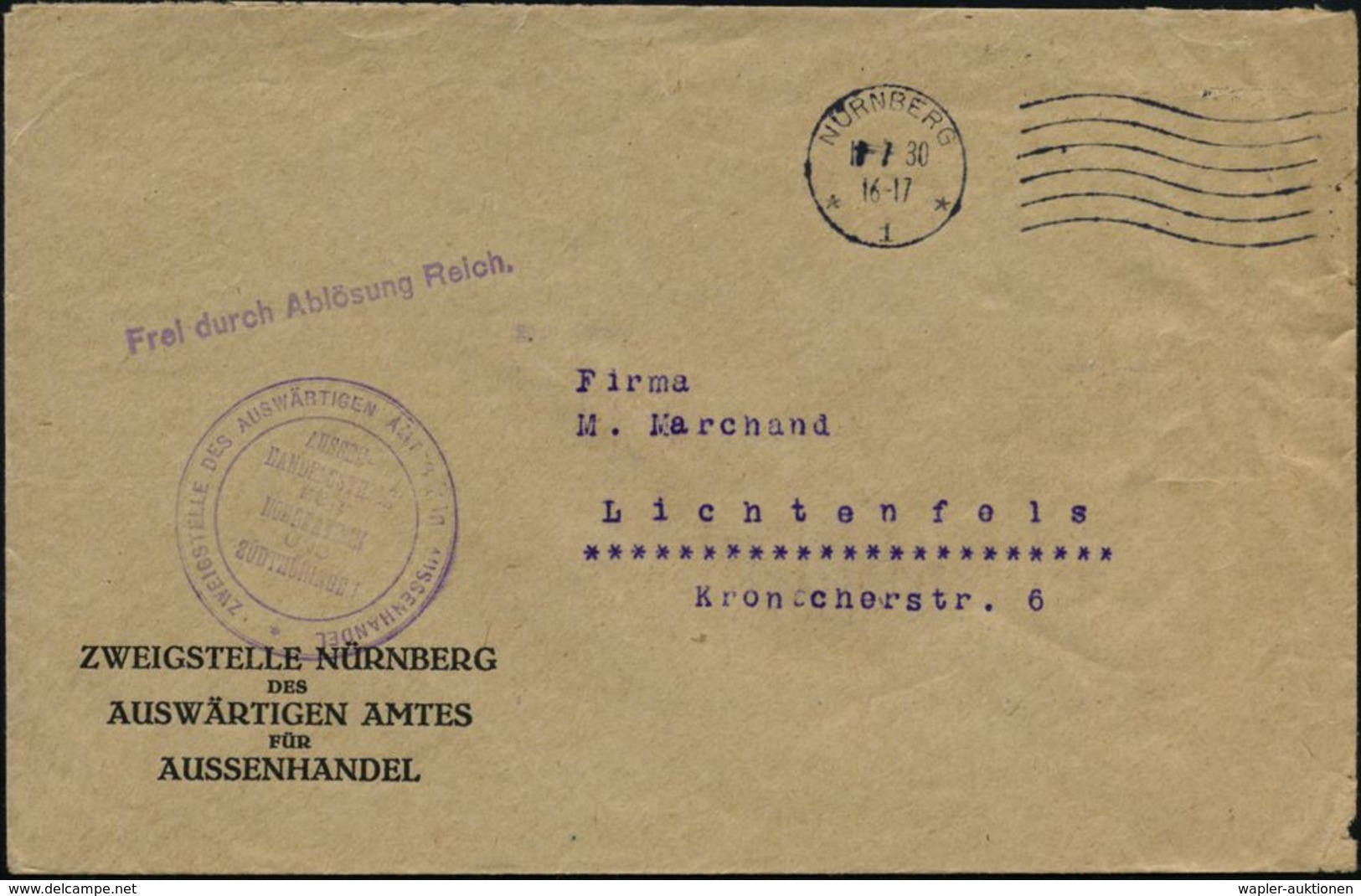 NÜRNBERG/ *1* 1930 (10.7.) MaWellenSt + 1L: FdAR + Viol. 2K-HdN: ZWEIGSTELLE DES AUSWÄRTIGEN AMTES FÜR AUSSEN-HANDEL.. , - Sonstige & Ohne Zuordnung