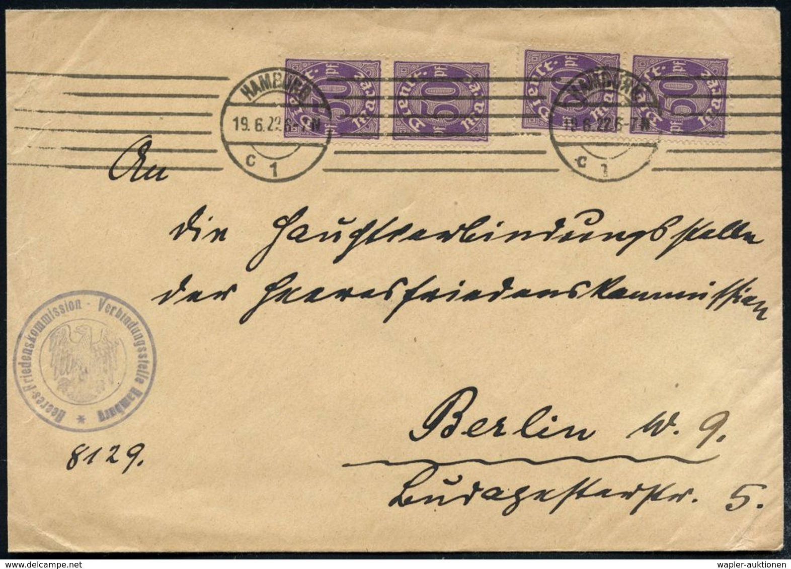 HAMBURG/ C/ 1 1922 (19.6.) Bd.MaSt. (6 Linien) Auf Dienst 50 Pf. MeF: 2 Paare + Viol. Dienst-HdN: Deutsche Friedens-komm - Autres & Non Classés