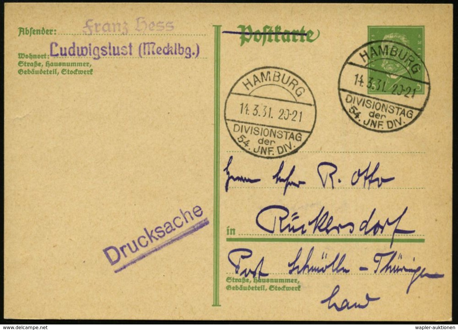 HAMBURG/ DIVISIONSTAG/ Der/ 54.JNF.DIV. 1931 (14.3.) Seltener SSt , Klar Gest. Inl.-Kt. (Bo.36 , V. Verwendung , 1. Tag) - Autres & Non Classés