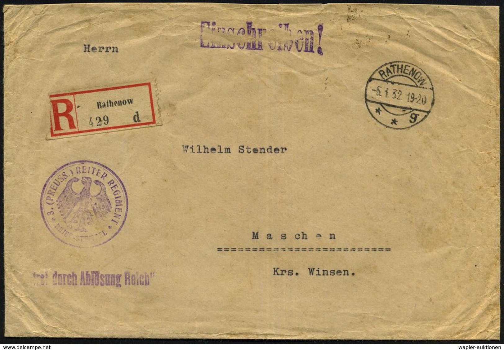 RATHENOW/ **g 1932 (5.1.) 1K-Brücke + RZ: Rathenow/d (links Gering Verkürzt) + 1L: "frei Durch Ablösung Reich" + Viol. 2 - Autres & Non Classés