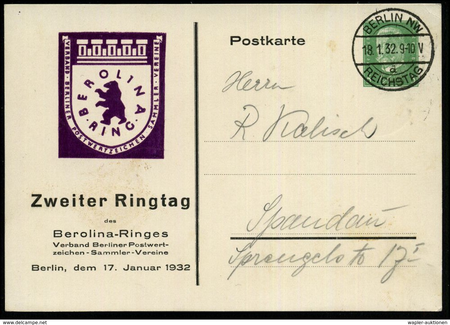 BERLIN NW/ D/   R E I C H S T A G 1932 (18.1.) 1K-Steg = Hauspostamt Parlament Klar Auf PP 5 Pf. Hindenbg., Grün: BEROLI - Autres & Non Classés