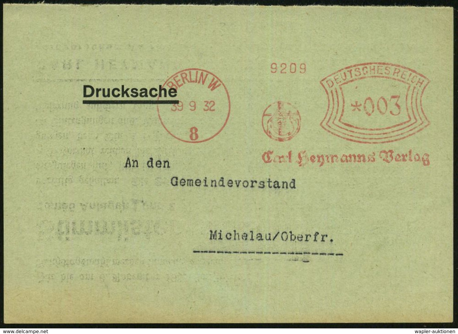 BERLIN W/ 8/ Carl Heymanns Verlag 1932 (39.9.) AFS (Stpl.-Irrtum 39. Sept.!) = 3.9. Auf Reklame-Kt.: Stimmlisten U. Stim - Other & Unclassified