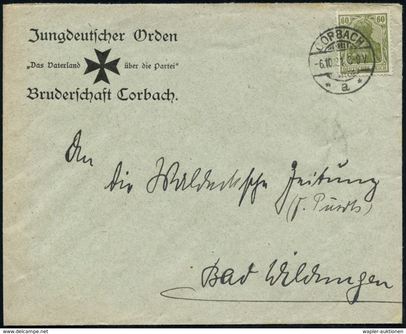 Korbach 1921 (6.10.) 1K-Gitter: CORBACH/* A * Auf Vordr.-Bf.: Jungdeutscher Orden "Das Vaterland über Die Partei!", Brud - Altri & Non Classificati