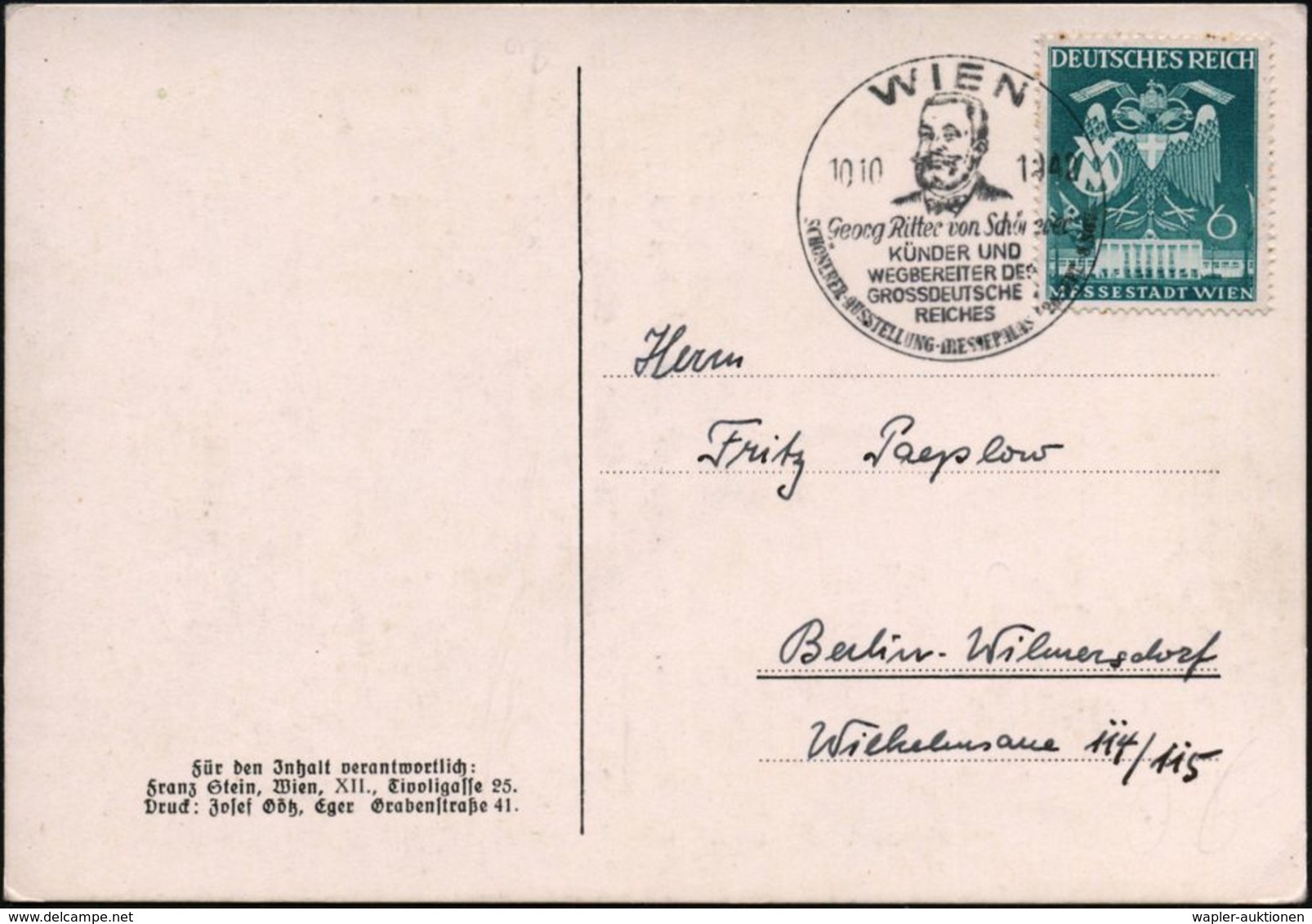 WIEN/ Georg Ritter V.Schönerer/ ..SCHÖNERER-AUSSTELLUNG 1940 (26.9.) SSt = Brustbild Schönerer = Antisemit, Rassist U. N - Autres & Non Classés