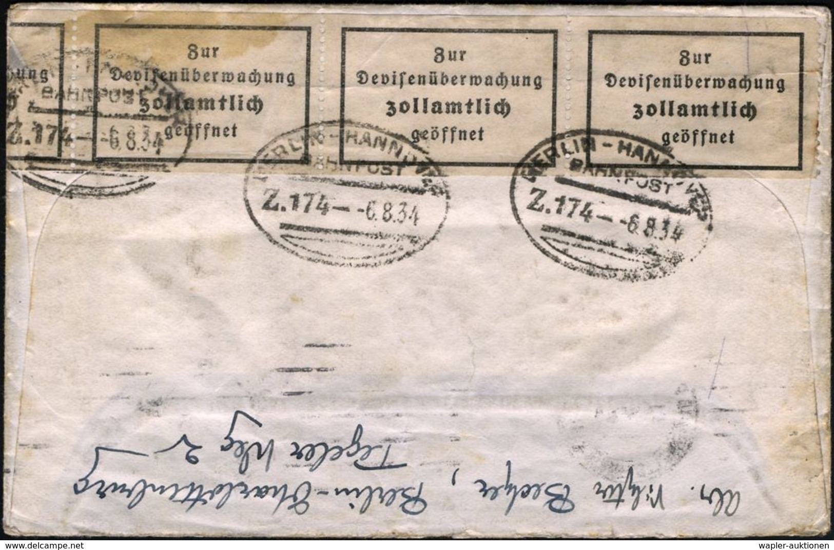 BERLIN-CHARLOTTENBG.2/ Bb 1934 (6.8.) BdMaSt Auf 3-Farben-Frankatur Hindenburg 25 Pf. (teils Mäng.) Rs. Devisen-Zensurze - Autres & Non Classés