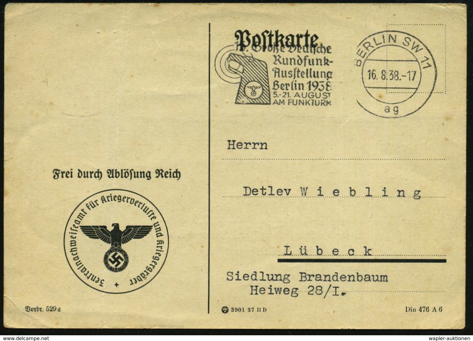 BERLIN SW 11/ Ag/ 15.Große Deutsche/ Rundfunk-/ Ausstellung.. 1938 (16.8.) MWSt (Rundfunk-Symbol) Dienst-Kt.: FdAR / Zen - Autres & Non Classés