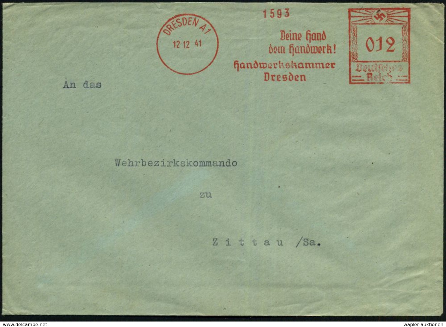 DRESDEN A1/ Deine Hand/ Dem Handwerk!/ Handwerkskammer 1941 (15.9.) Aptierter AFS = Weimarer Adler Aus Klischee Entfernt - Autres & Non Classés