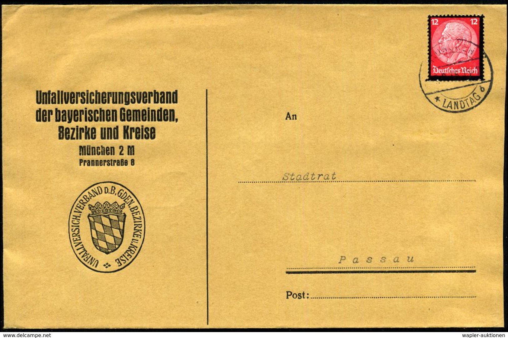MÜNCHEN/ * L A N D T A G / B 1935 (5.9.) 1K-Brücke Auf EF 12 Pf. Hindenbg. Trauer, Dienst-Bf.: Unfallversicherungsverban - Autres & Non Classés