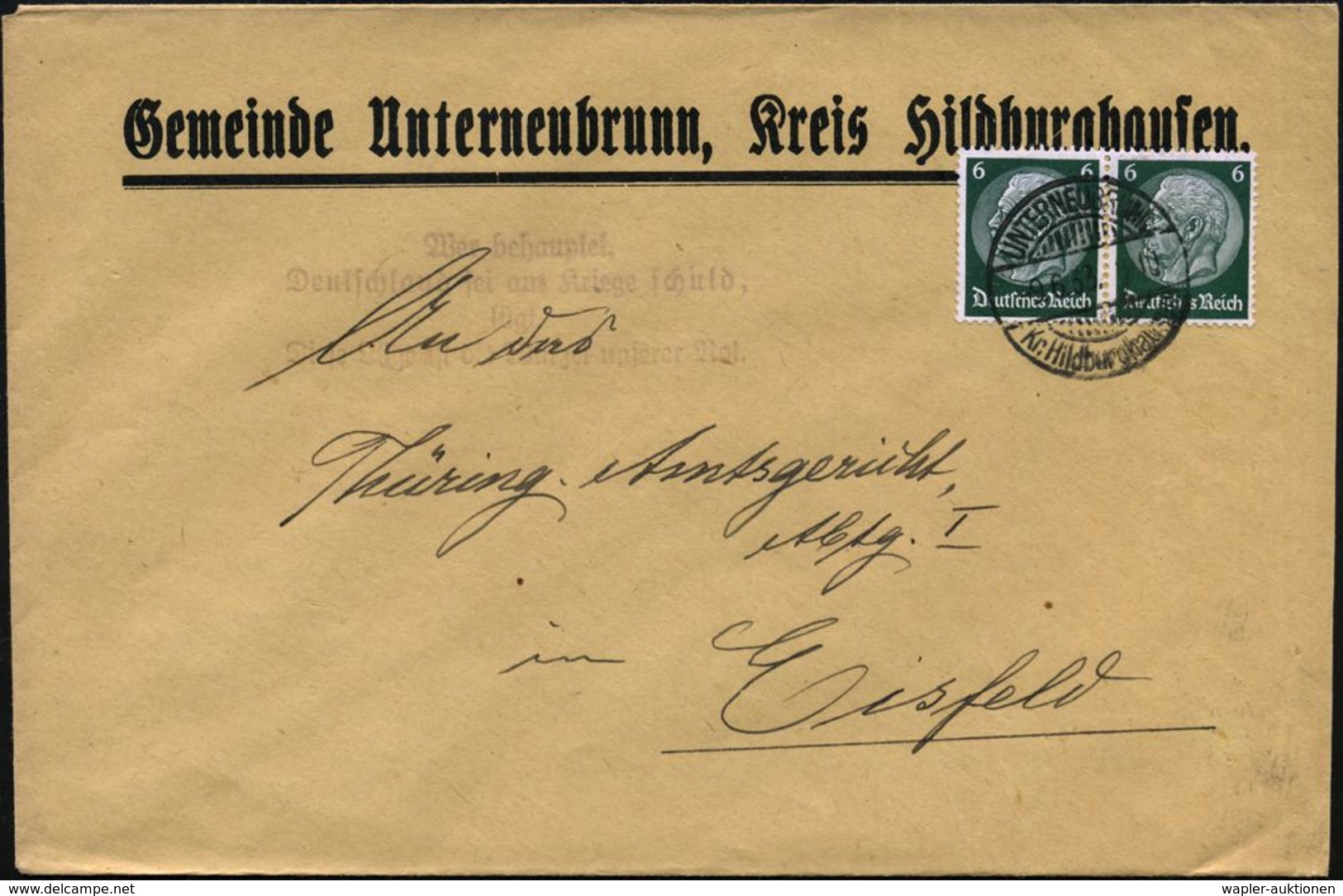 UNTERNEUBRUNN/ Kr.Hildburghausen 1933 (9.6.) 1K-Gitter + Viol. Propaganda-4L: Wer Behauptet,/Deutschland Sei Am Kriege S - Autres & Non Classés