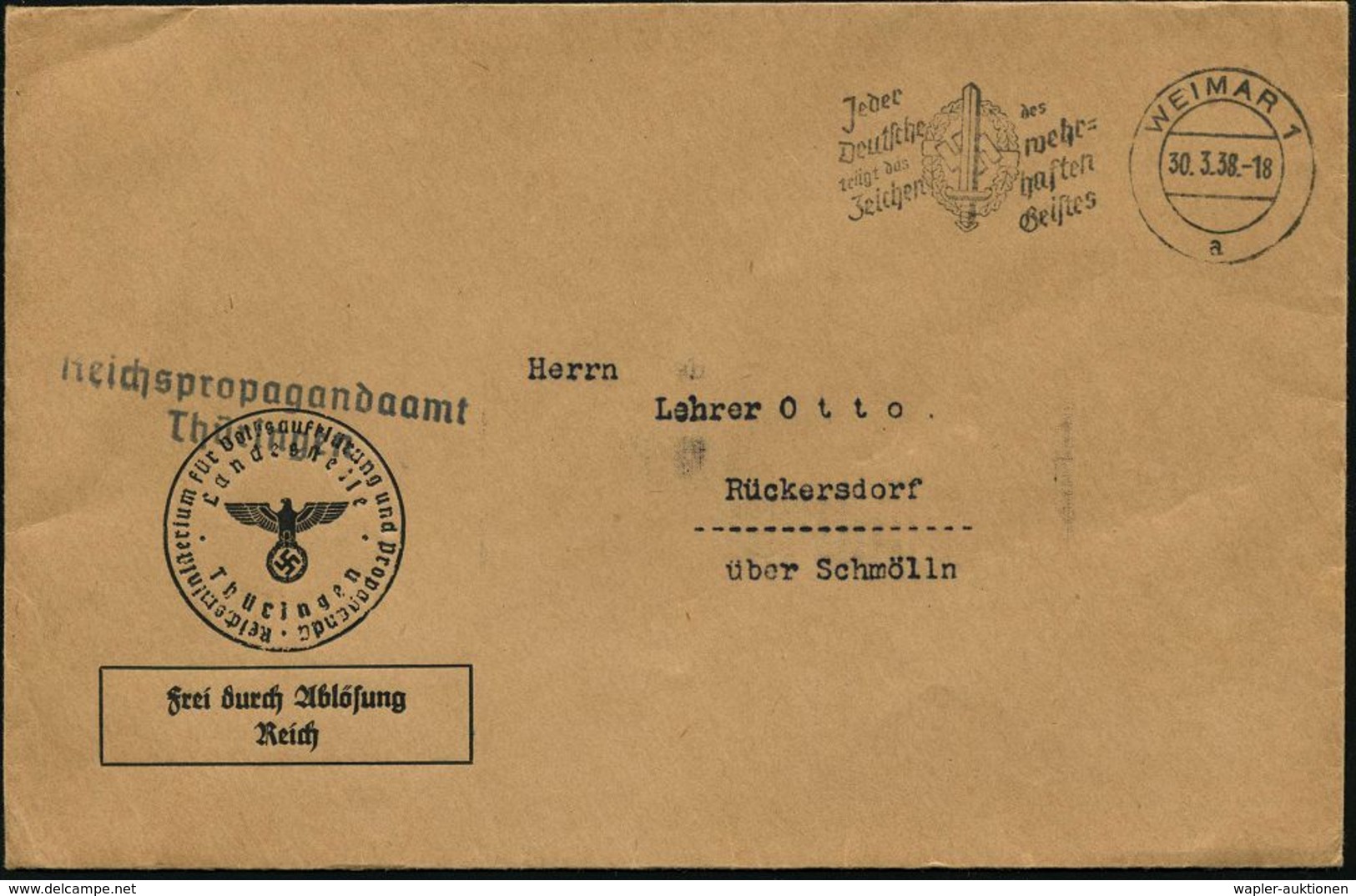 WEIMAR 1/ A/ Jeder/ Deutsche/ Trägt D./ Zeichen Des/ Wehr-/ Haften/ Geistes 1938 (30.3.) MWSt (NSKOV-Abzeichen) + Viol.  - Otros & Sin Clasificación